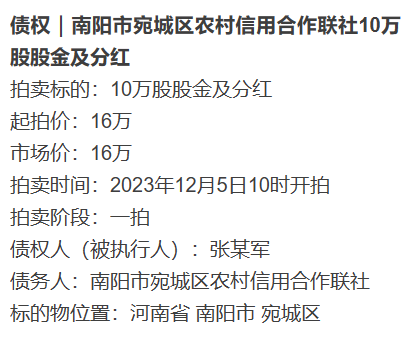 南阳市宛城区农村信用合作联社10万股股金及分红